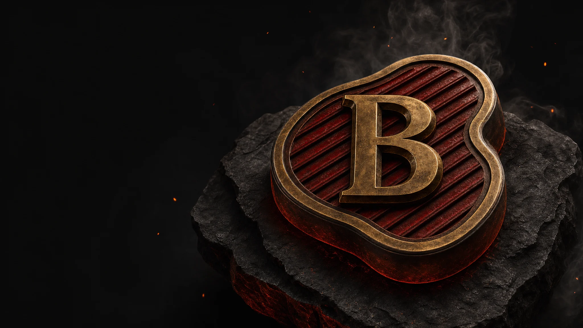 A sculpted brass B set into a steak-shaped medallion on dark stone