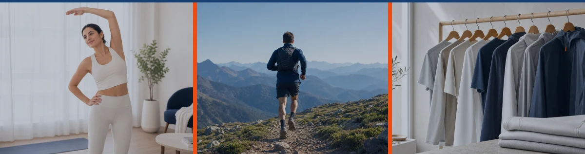 A bright three-panel collage of everyday comfort, trail performance, and premium technical apparel