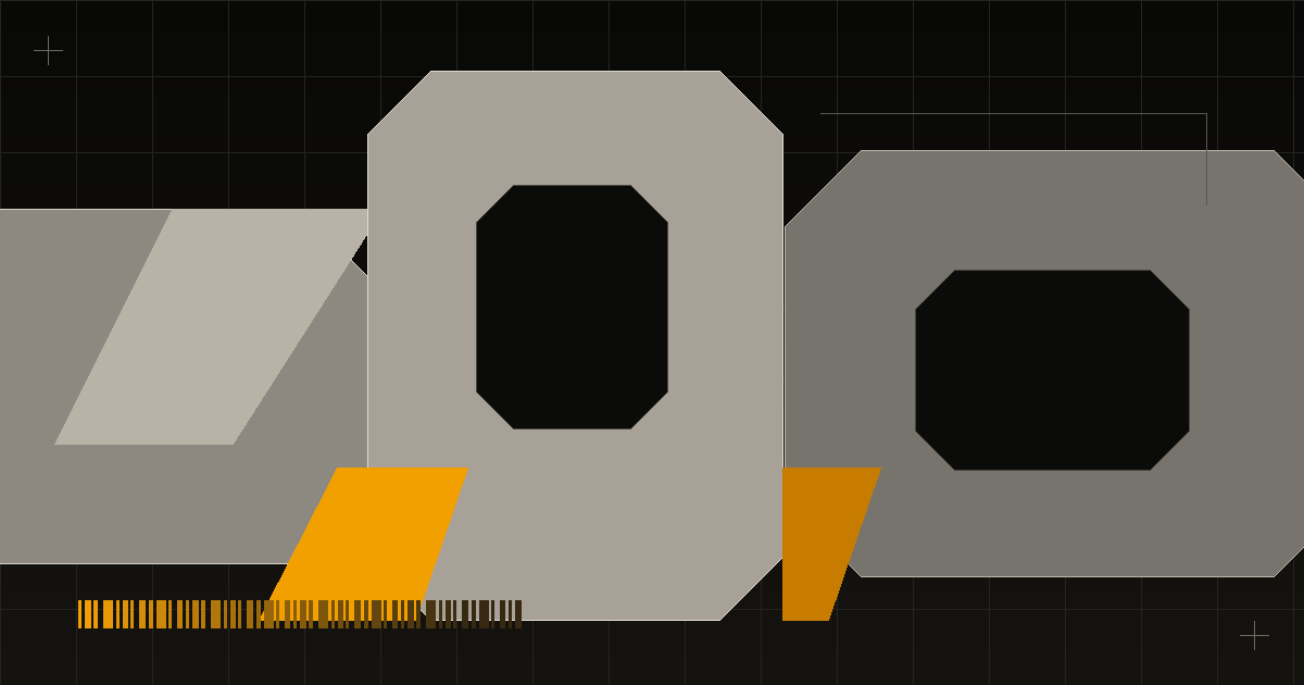 Cropped titanium geometric planes with signal-amber facets on a graphite precision grid