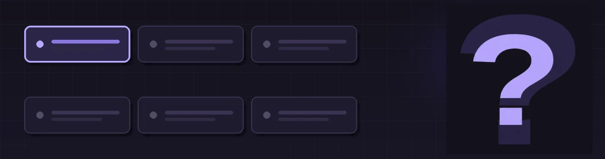 Six dark violet guess panels beside the Riddling question mark
