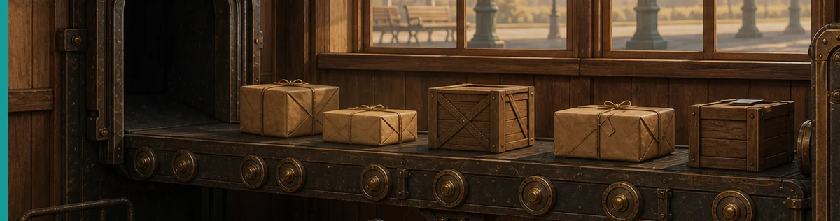 Parcels waiting on a brass conveyor inside the TinyCogs workshop