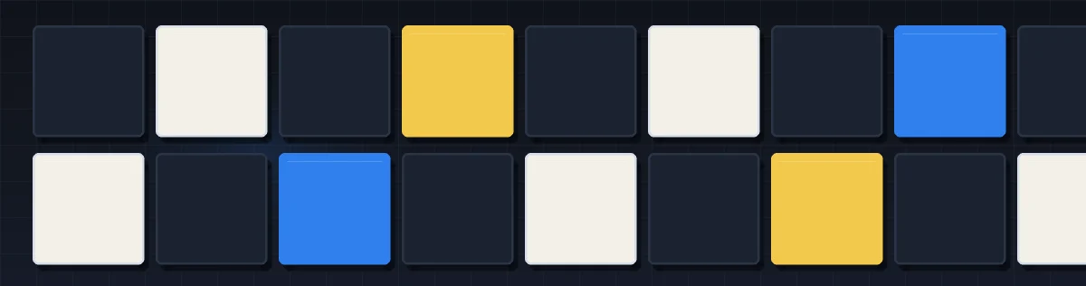 Blank cream, gold, blue, and navy game tiles arranged on the Worded board