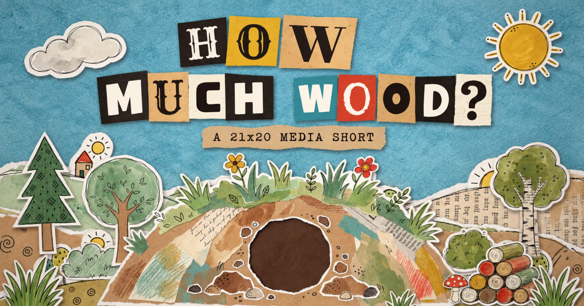 How Much Wood? assembled from paper-cut letters above a woodland burrow and a pile of logs