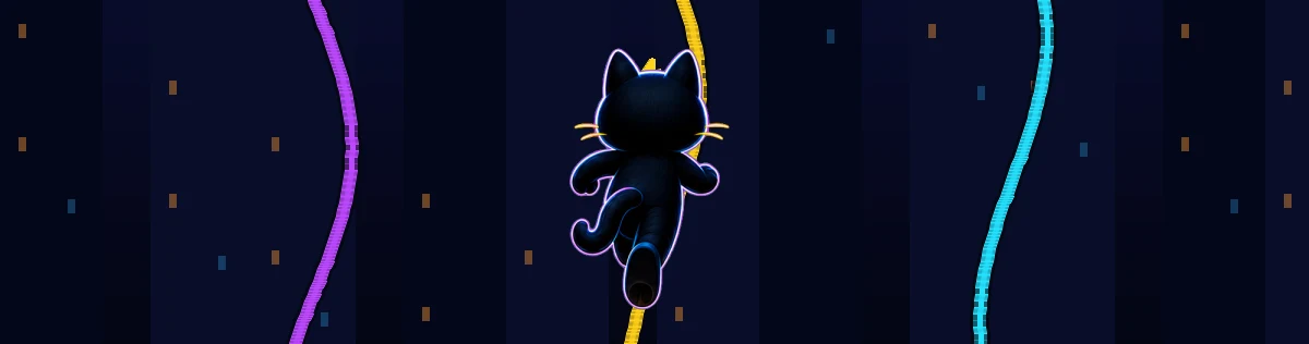 A black cat running three suspended violet, yellow, and cyan power lines through a dark electric city