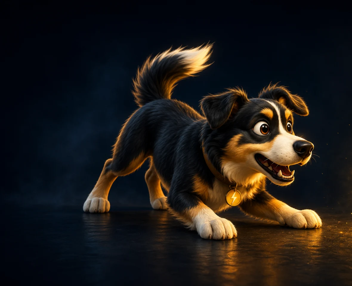 An energetic black and tan WattDog crouched playfully, ready to fetch