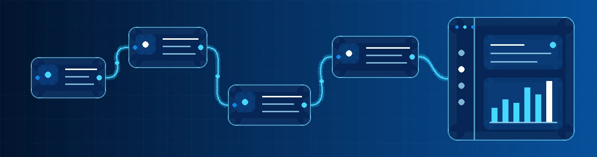 Staggered blue workflow cards flowing into an operations dashboard across a deep navy technical grid