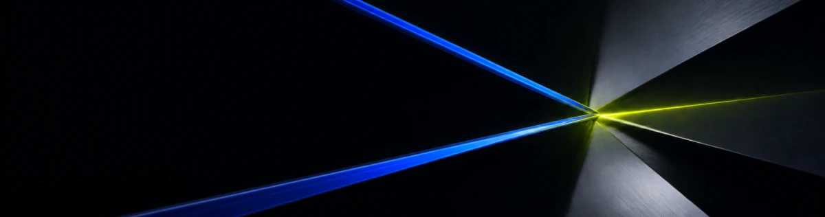 Two cobalt signal rails converging at an electric-green point in a dark architectural field