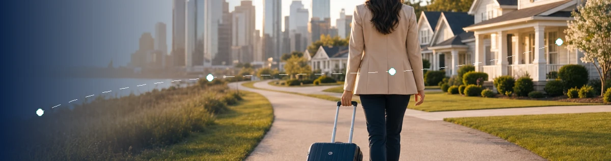 A professional arriving with a navy suitcase along a sunlit path connecting a modern city and a welcoming neighborhood