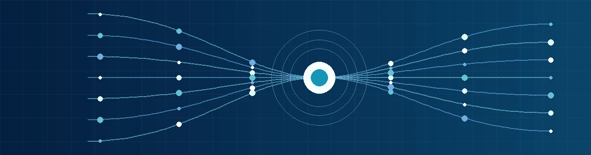 Fine blue and teal connection lines and nodes converging around a bright central point on deep navy