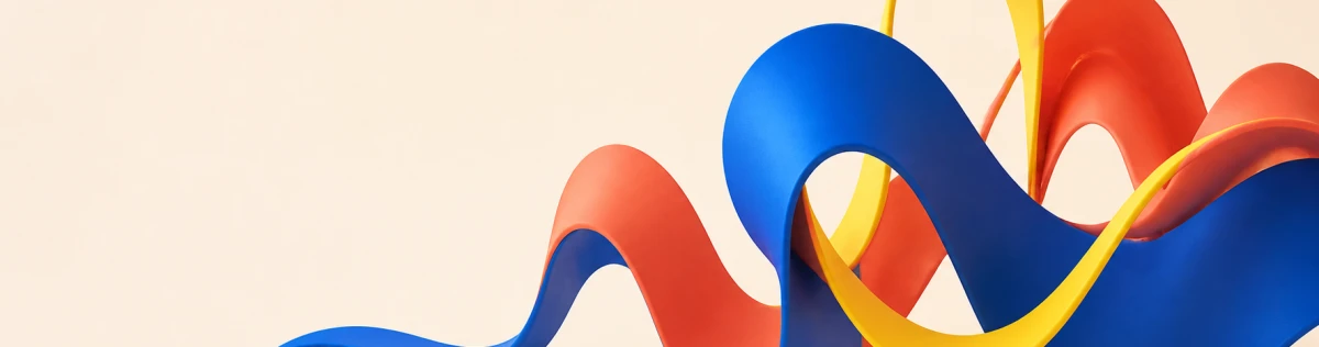 Sculptural cobalt, coral, and yellow ribbons looping across a warm cream field