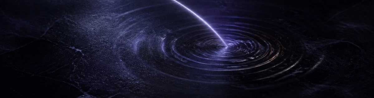 A silver-violet arc touching dark reflective water and sending out concentric ripples